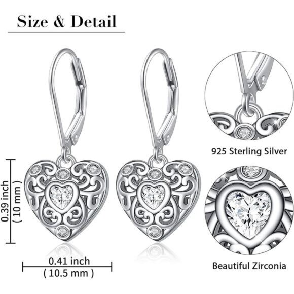 S925 Sterling Silver Heart Dangle Drop Leverback Clasp Lever back Earring - Picture 14 of 16